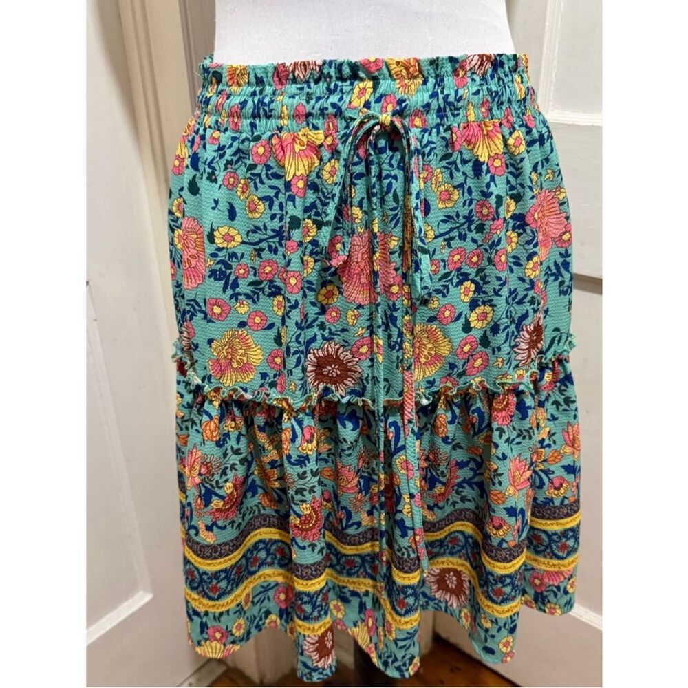 Tiered Floral Drawstring Skirt in Teal